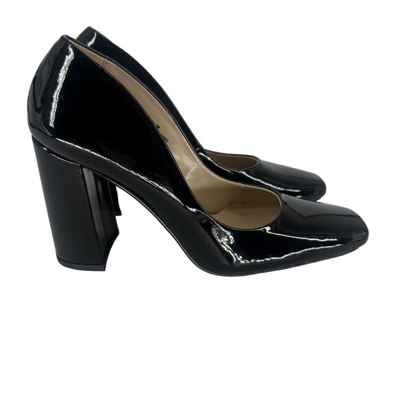 Steve Madden Black Patent Synthetic Leather Square Toe Chunky Block Heel Shoe 7M - Picture 2 of 8